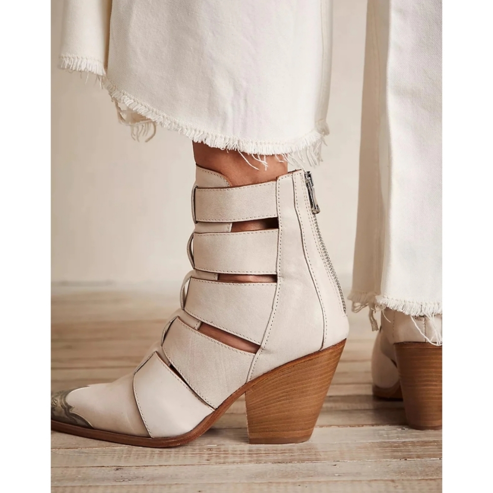 Free People Cutout Stacked Heel Ankle Boots in Cream